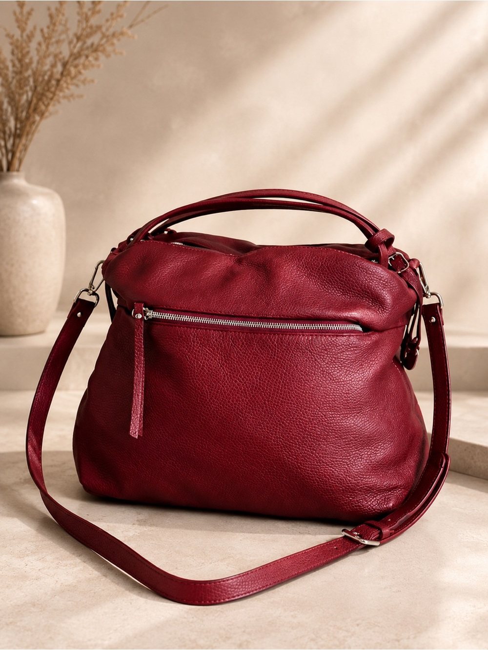 Nicoli Burgundy Pebbled Leather Hobo Bag Convertible Crossbody Shoulder Purse